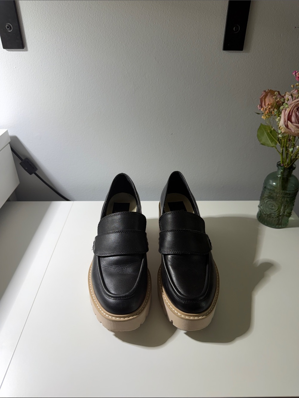 Chunky Black Leather Loafers with Tan Platform Sole